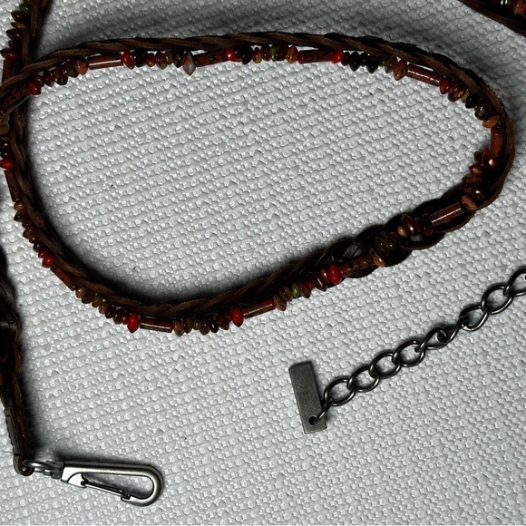 BELT Women Slim Leather Braided Beads & Chain 38-40 Adjustable Brown Hippie Boho - Picture 9 of 11